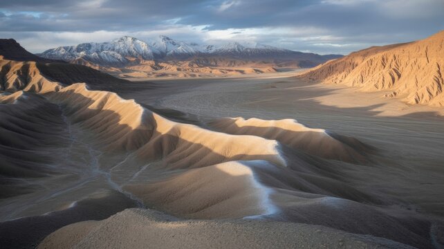 Majestic desert landscape with snow-capped mountains under dramatic sky