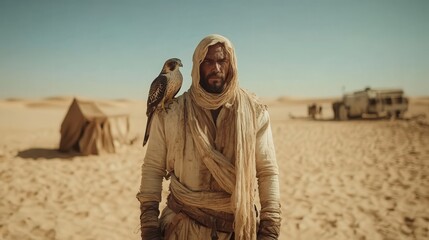 This striking image shows a man in desert attire with a falcon on his shoulder, illustrating themes of adventure, exploration, and the bond between man and nature.