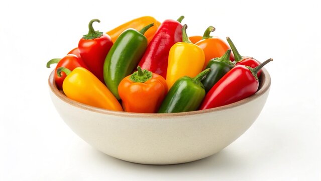A vibrant assortment of mini sweet bell peppers in shades of red, orange, and green fills a rustic ceramic bowl, showcasing a colorful and healthy selection of fresh produce on a clean white backgroun - Powered by Adobe