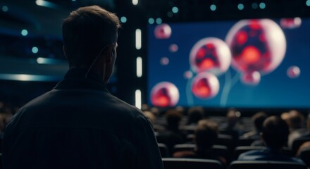 Obraz premium Scientific Conference Presentation with Speaker and Digital Cells Display.