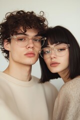 Couple portrait showcasing stylish glasses in a minimalist setting during a cozy indoor afternoon