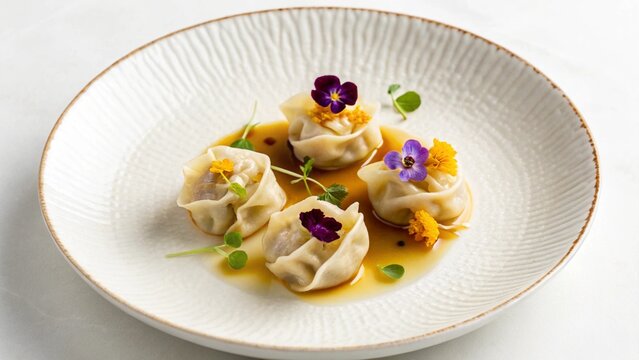 Exquisite fine dining presentation featuring four delicate dumplings, possibly ravioli or gourmet dim sum, artfully arranged in a white, shallow bowl with a light sauce and garnished with vibrant edib