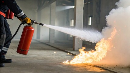 This dynamic shot captures "a person actively using a red fire extinguisher to put out flames on the ground, with smoke rising, emphasizing the urgency