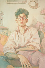 Charming mysterious character staring at viewer in surreal domestic parody scene with airy pastels and tinart style on velvety textured paper Generative AI