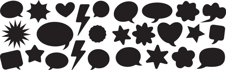 Black-themed dialogue boxes, silhouette boxes, and empty comic bubbles styled with outline icons such as lightning, stars, hearts, and clouds