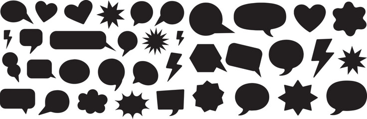Set of comic speech clouds, black dialogue shapes, silhouette boxes, and blank chat silhouettes with outlined symbols of love, storm, and stardust.