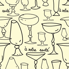 Line-art wine glass pattern with hand-lettered French phrases on cream. Works well for wine lovers and retro bar themes. Use for digital stationery, wrapping paper, or branding projects.