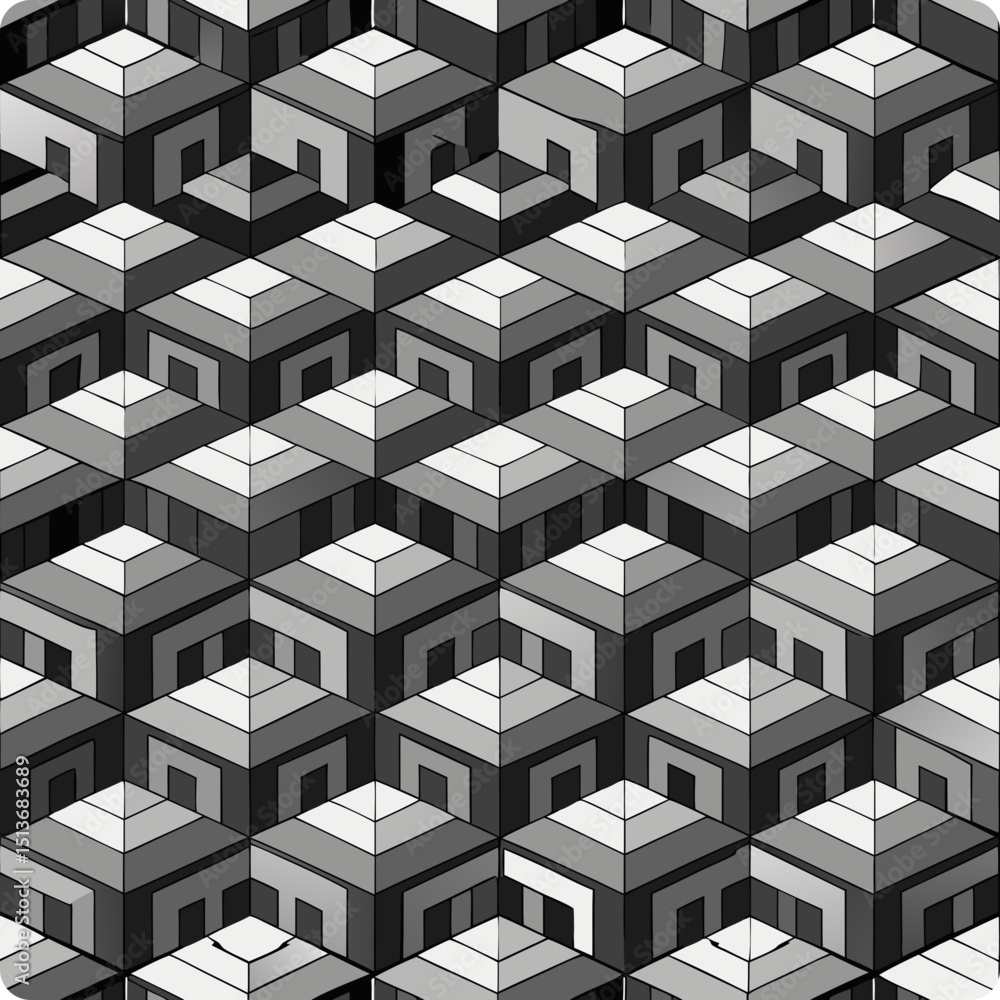 Poster repeated isometric cubes in black and white seamless vector pattern