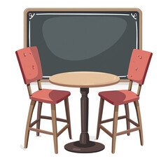 Charming cafe corner featuring a blank chalkboard, round table and cozy chairs in retro style for restaurant menu promotion