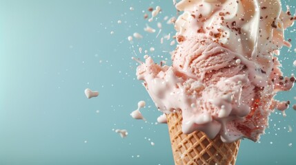 A vibrant ice cream cone overflows with creamy goodness, capturing the joy of summer treats and the playful messiness that comes with indulging in frozen desserts.