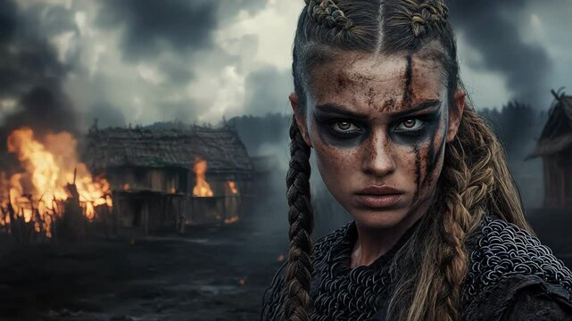 Powerful female viking warrior is staring intensely with a burning village in the background, demonstrating strength, resilience, and the harsh realities of ancient warfare