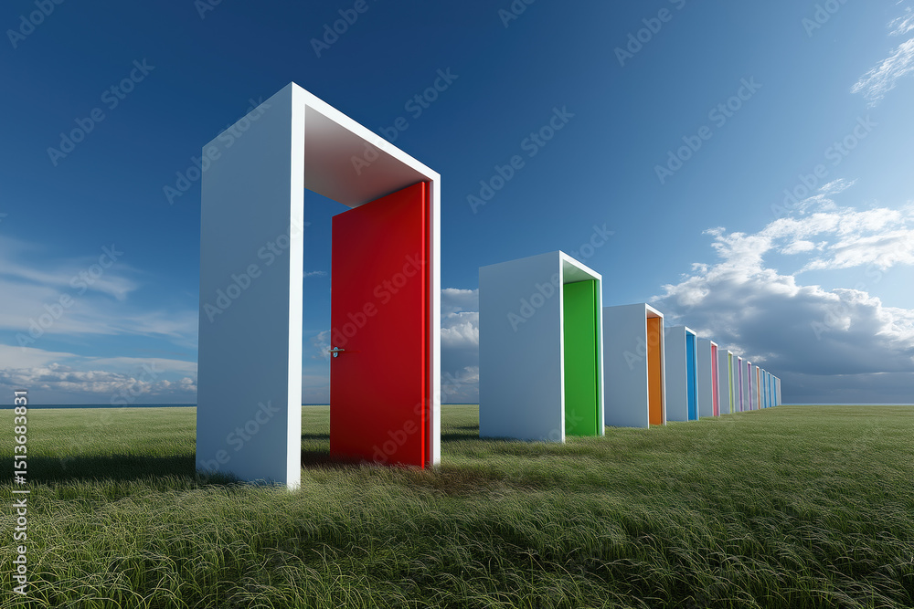 Poster a row of colorful doors are lined up in a field. the doors are all different colors, and they are al