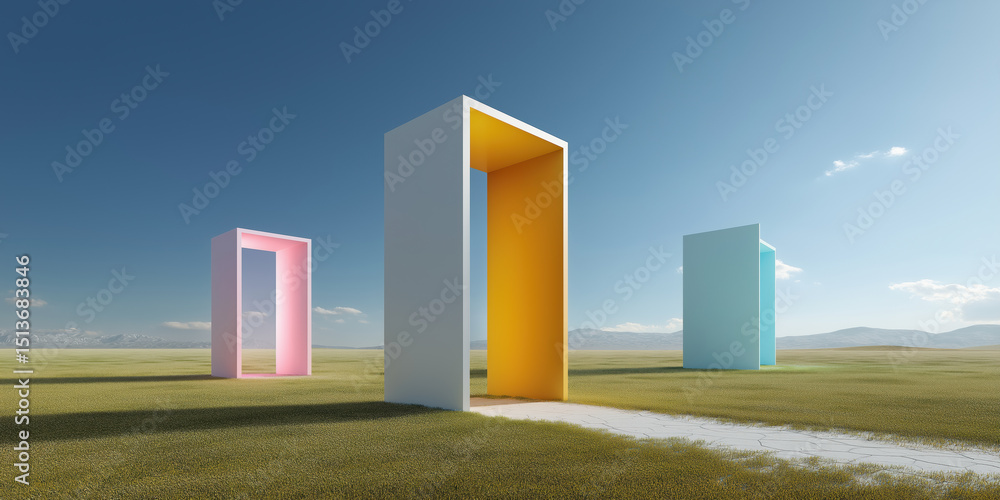 Poster three colorful boxes are placed in a field, with one of them being yellow. the boxes are arranged in