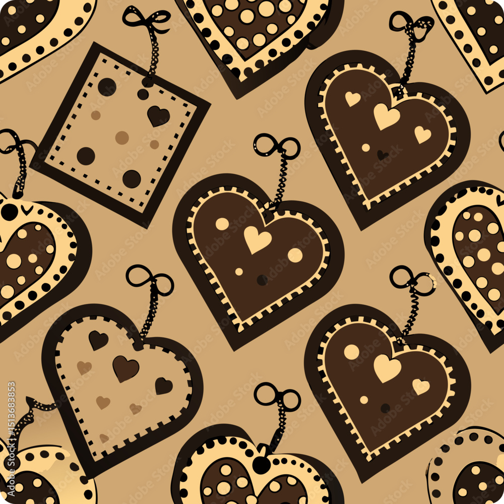 Poster seamless vector pattern with scalloped edge heart tags in brown