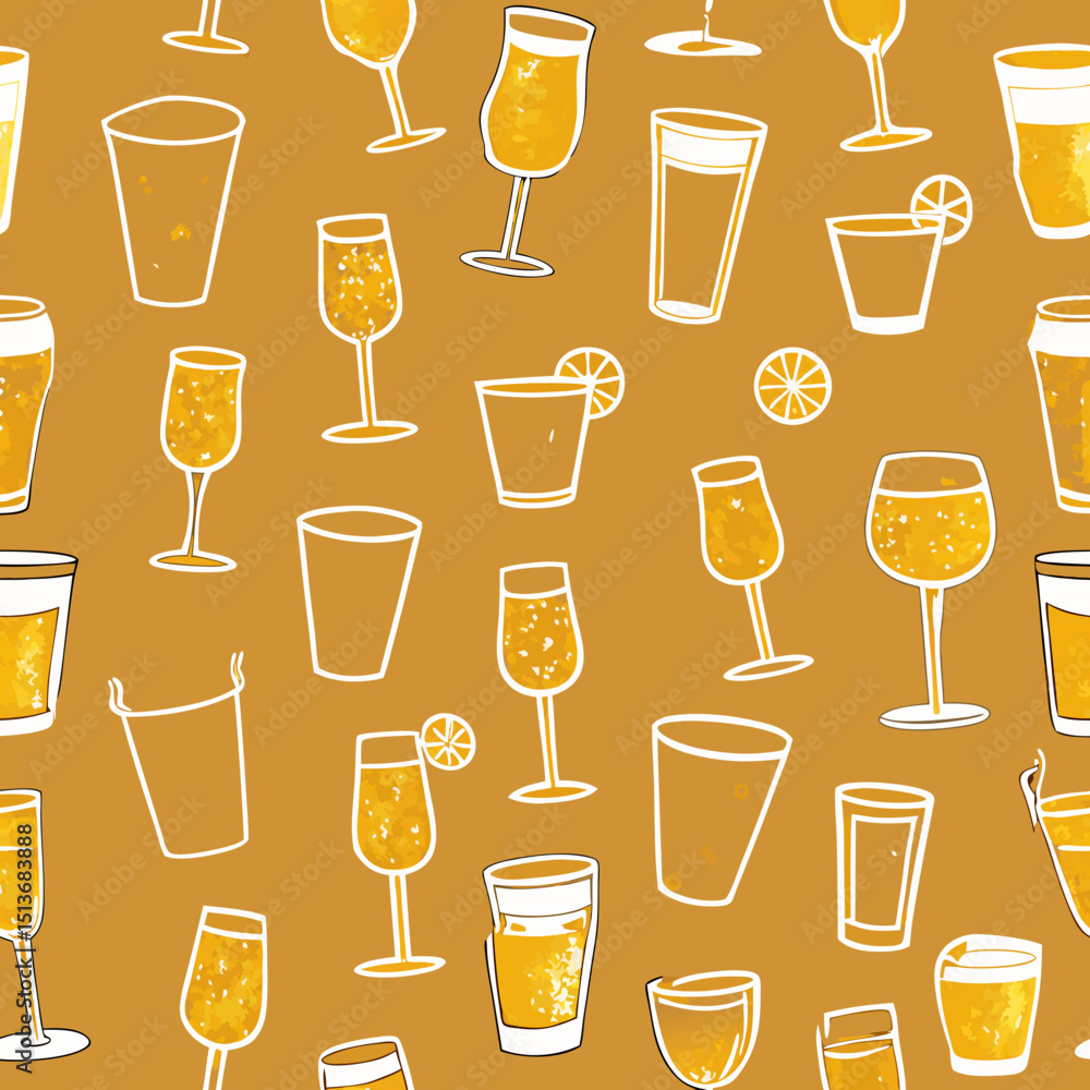 Poster seamless vector pattern of various drinks on a golden background