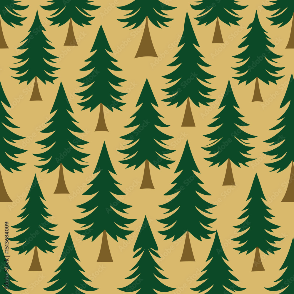 Poster stylized fir trees in seamless vector pattern on beige background