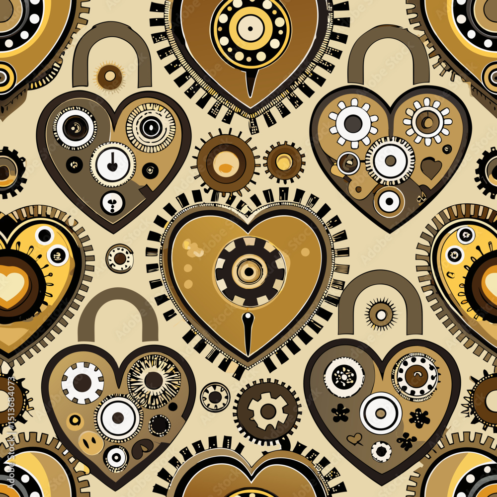 Poster Seamless vector pattern with heart-shaped locks and gears design  