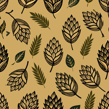 Stylized hops and barley leaves in seamless vector pattern design  