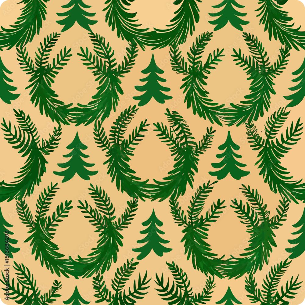 Poster stylized green pine garlands and trees in seamless vector pattern