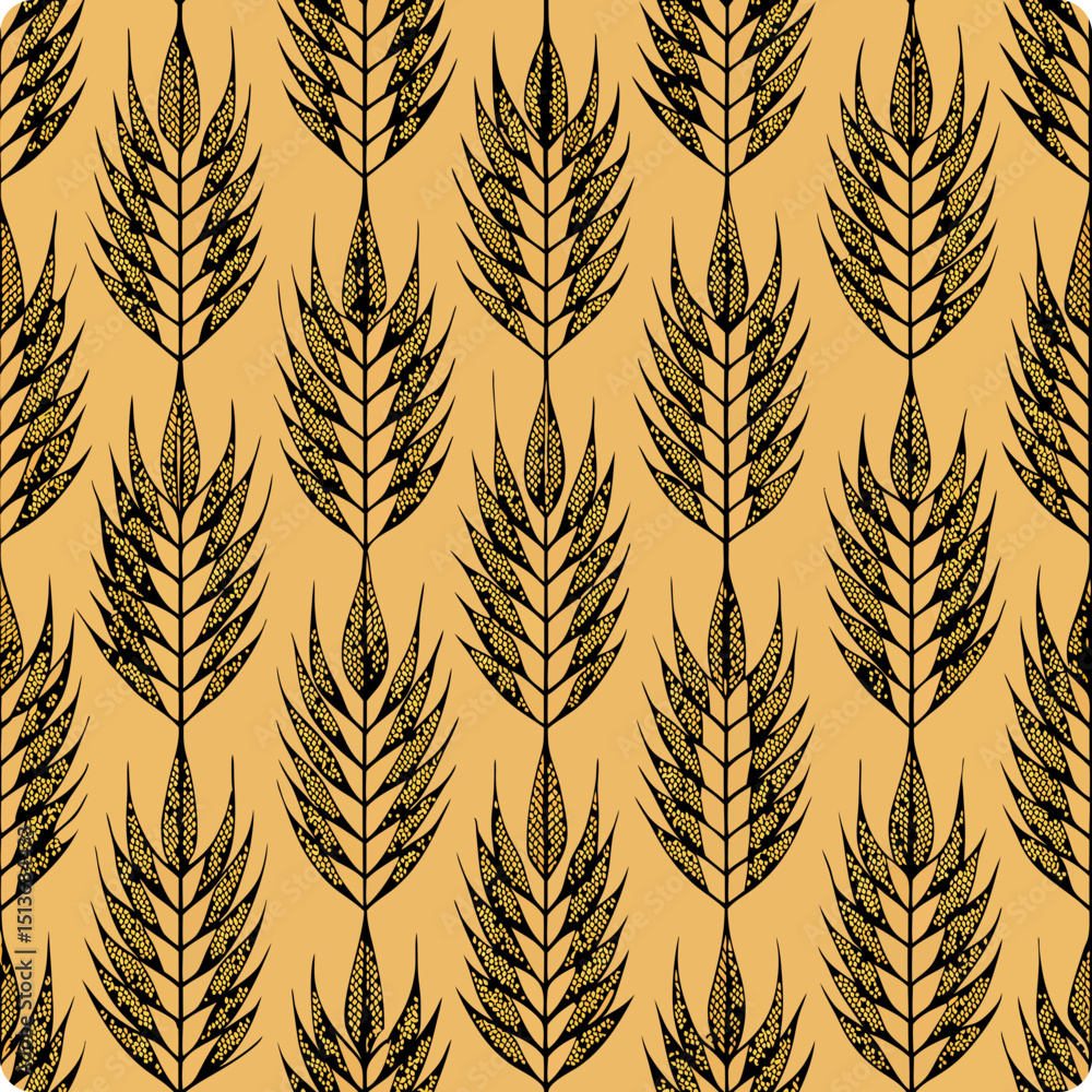 Poster stylized wheat sheaves seamless vector pattern on a golden background