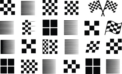 Vector racing flag set with checkered patterns, pixel designs, finish line symbols, speed motion graphics, black white grids and stylized victory flag icons collection