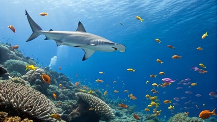 Fototapeta premium A majestic shark glides gracefully through crystal-clear blue ocean waters, surrounded by a vibrant school of yellow tropical fish and colorful coral reefs, with sun rays piercing through the surface