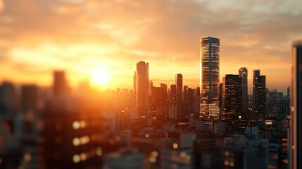 Obraz premium A breathtaking city skyline is illuminated by golden sunlight during sunset, creating a dramatic and vibrant reflection on the towering buildings and urban landscape.