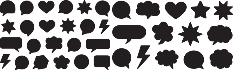 Set of black speech and thought bubbles, silhouette boxes, blank comic dialogue clouds, and outlined icon balloons shaped like love, star, and thunder.