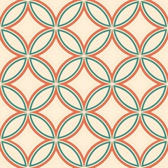 Seamless geometric pattern with interlocking circles in teal and coral on beige background