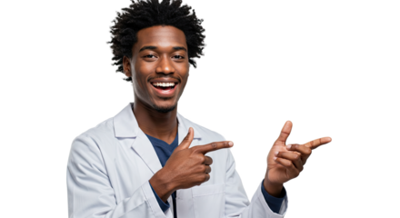 Smiling African American man in lab coat pointing towards the right side of the frame