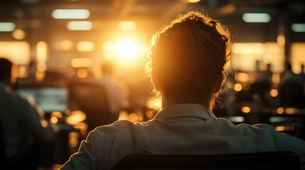 A silhouette of a person gazes at a breathtaking sunrise illuminating an office environment, symbolizing hope, new beginnings, and motivation for the day ahead.