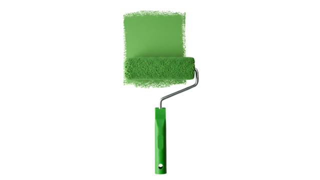 Green paint roller with fresh paint on transparent background
