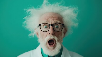 An elderly scientist with wild white hair and glasses expresses surprise against a turquoise backdrop, embodying curiosity and excitement about new discoveries in science.