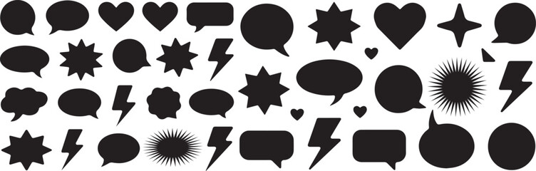Set of silhouetted chat boxes, outlined speech bubbles, silhouette boxes, and comic clouds with themed shapes such as hearts, stars, and thunderbolts.