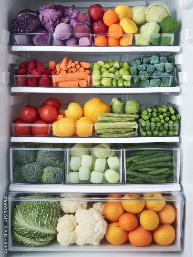 Poster open freezer drawer filled with vibrant frozen vegetables and fruits offering a colorful display for