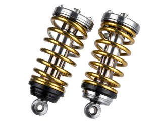 Diagonal View of Gold Coil Shock Absorbers with Shadow Reflection, Isolated PNG