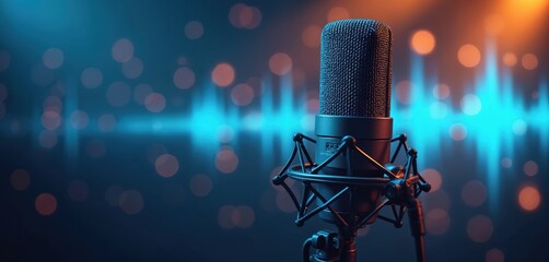 Pro microphone with sound waves in background. Audio recording, podcasting, music studio, live performance, karaoke, radio broadcast equipment. Modern tech sound system recording music track, voice