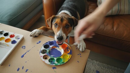 Playful dog with paint palette in living room