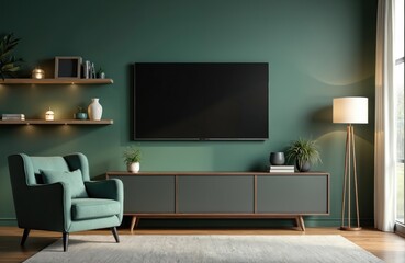 Modern living room interior with armchair, cabinet, tv on dark green color wall. Beige rug on wooden floor. Home decor, plants, cozy atmosphere, lifestyle concept. Apartment interior design.