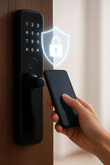 Smartphone unlocking digital smart door lock with floating secure access icon