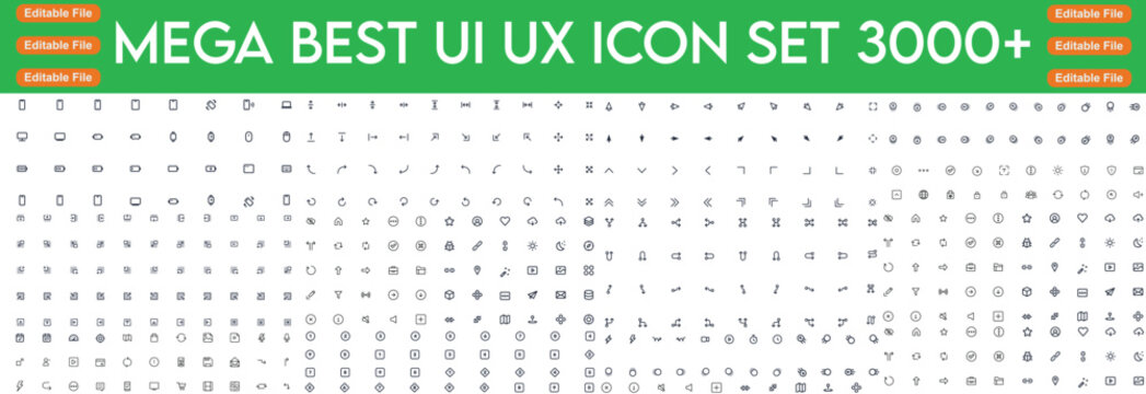 Big collection of minimalist and simple UxUi web icons. Set of 3000 editable stroke icons. Vector illustrator. Suitable for Web Page, Mobile App, Web, Print.and line icon set mega line icon ...
