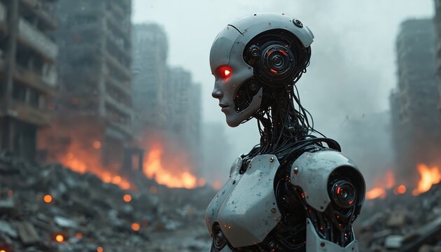 AI robot stands in ruined city with fire and destruction after world war. Apocalypse concept art, post-apocalyptic scene of industrial age. Futuristic, robotic, metal cyborg warrior fights urban war.
