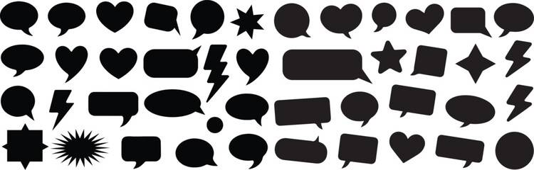 A variety of black chat boxes, empty speech and comic bubbles, blank message box silhouettes, and outlined dialogue icons including heart, star, thunderbolt, and cloud-shaped bubbles.