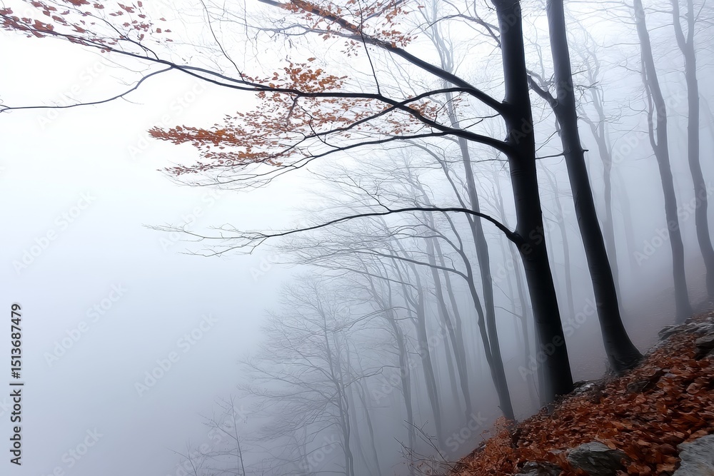 Poster misty autumn forest path - serene autumn scene of a foggy forest path with bare trees and fallen lea