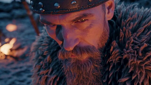 Intense portrait of a viking chieftain wearing a fur cape and a leather crown, standing by a bonfire on a rocky beach at sunset, his gaze reflecting strength and determination