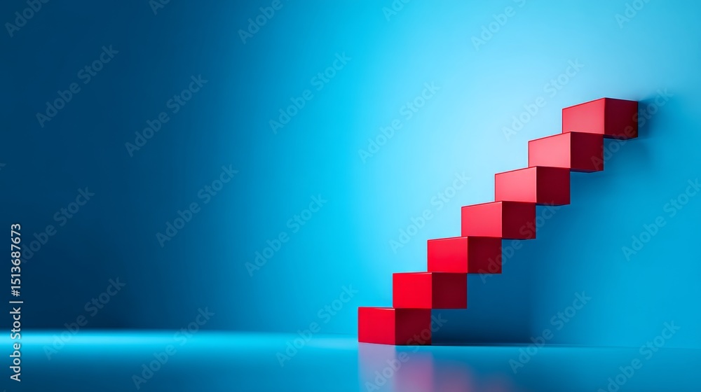 Poster red steps to success - abstract of red steps ascending against a blue background symbolizing growth,