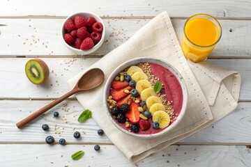 Flatlay of a healthy breakfast: smoothie bowl with fruits, wooden spoon, linen napkin, and fresh juice on rustic wooden table. Top-down, aesthetic clean style.