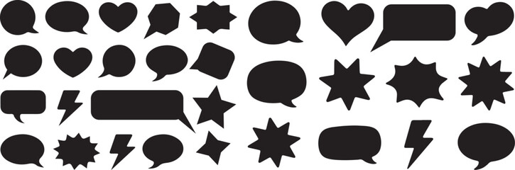 Set of black dialogue boxes, empty speech and thought bubbles, blank chat box silhouettes, comic style cloud balloons, and outlined icons for conversations featuring love hearts, stars, lightning bolt