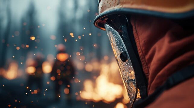 A firefighter in protective gear stands determinedly amidst a wildfire, capturing the bravery, resilience, and urgency of the battle against raging flames in a smoke-filled environment.