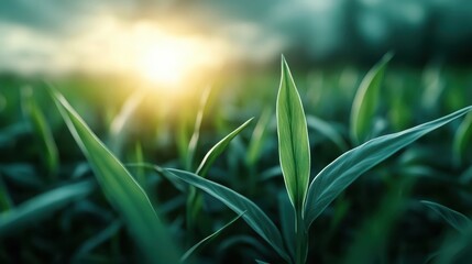 A detailed close-up capture of a green grass blade, bathed in warm sunlight, showcasing nature's beauty and the freshness of a fertile landscape.